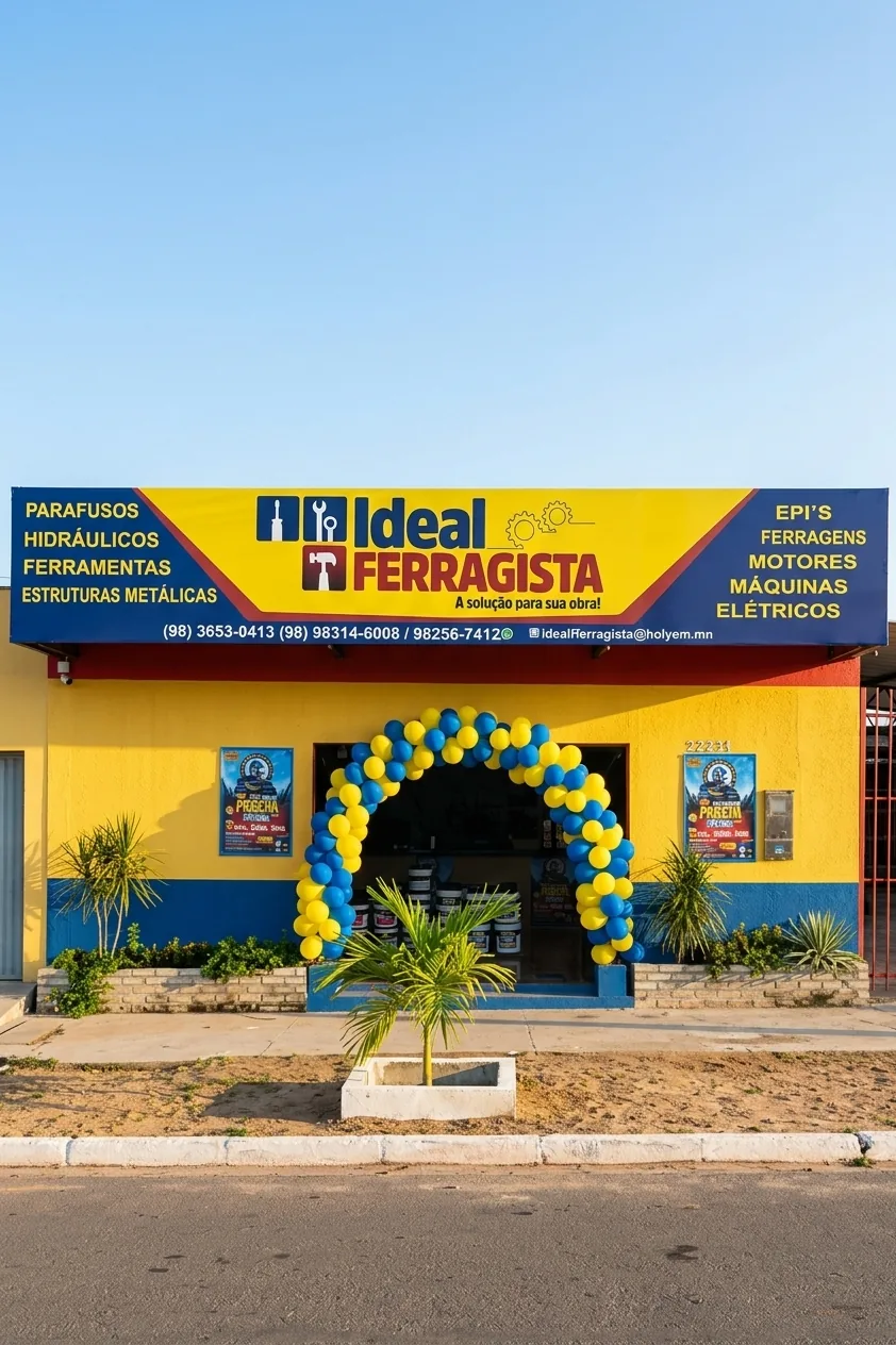 Fachada amarela e azul da loja Ideal Ferragista na Av. Castelo Branco, em Santa Inês